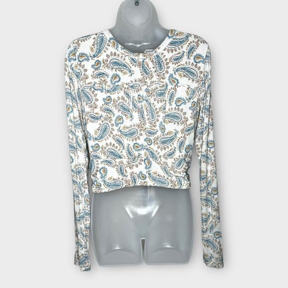 FREE PEOPLE cream/tan/blue paisley tie front deep v crop top size large - Picture 3 of 5